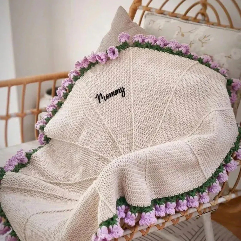 Personalized Name Hand-Knitted Rose Blanket | Crocheted Floral Blanket