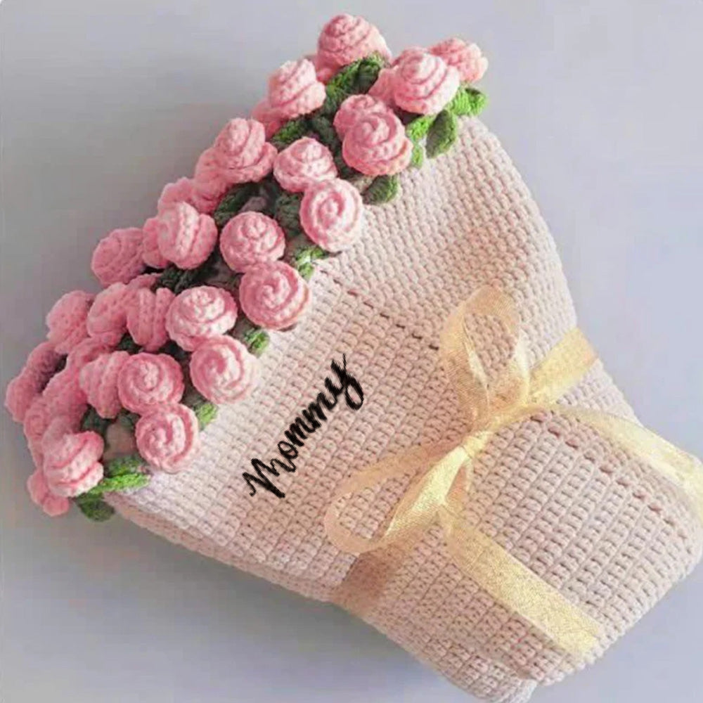 Personalized Name Hand-Knitted Rose Blanket | Crocheted Floral Blanket