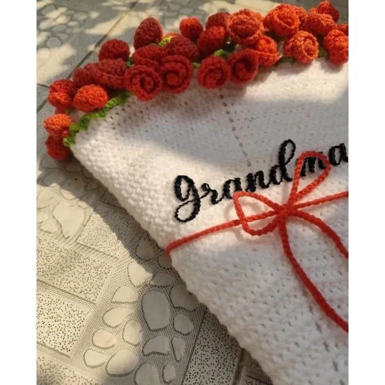 Personalized Name Hand-Knitted Rose Blanket | Crocheted Floral Blanket